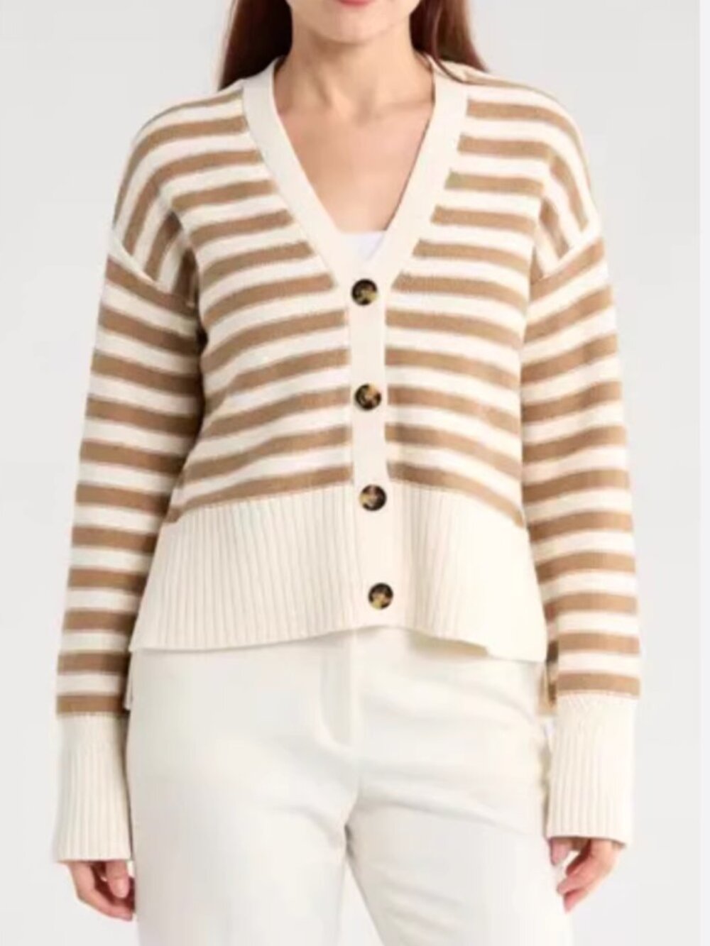 Veronica Beard Saylor Cardigan XL Cream/Tan Stripes Cotton Causal - Picture 2 of 7
